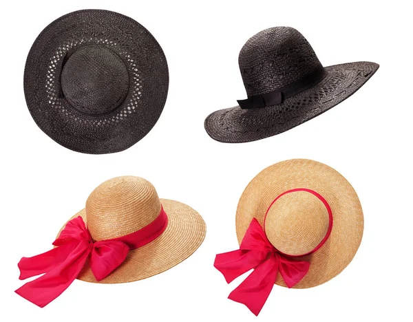 Straw Hats Ribbon Bow White Background Beach Hat Top View — Foto Stock