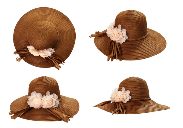 Cappelli Paglia Con Nastro Fiocco Sfondo Bianco Cappello Spiaggia Vista — Foto Stock