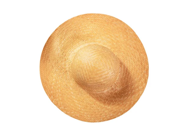 Красивая Соломенная Шляпа Лентой Луком Белом Фоне Вид Сверху Пляж — стоковое фото