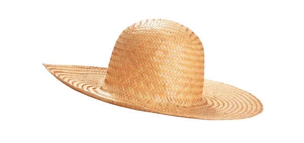 漂亮的草帽 白色背景上有丝带和蝴蝶结 在白色背景上隔离的海滩帽顶部视图 — 图库照片