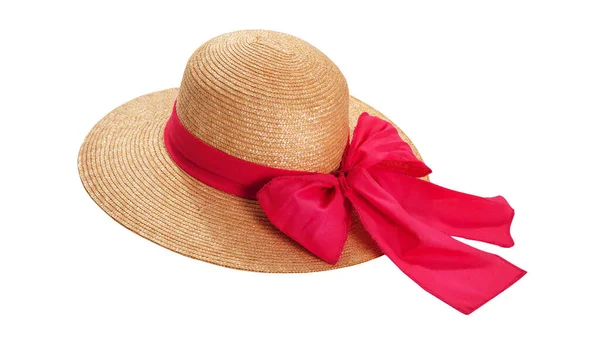 Красивая Соломенная Шляпа Лентой Луком Белом Фоне Вид Сверху Пляж — стоковое фото