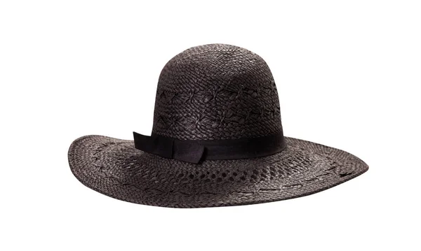 Μαύρο Ψάθινο Καπέλο Κορδέλα Και Φιόγκο Λευκό Φόντο Καπέλο Παραλίας — Φωτογραφία Αρχείου
