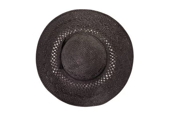 Czarny Słomkowy Kapelusz Wstążką Kokardą Białym Tle Beach Hat Widok — Zdjęcie stockowe
