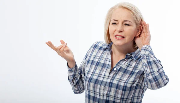 Nosy Middle Aged Woman Hand Ear Gesture Trying Carefully Intently — Stock Photo, Image