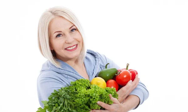 Happy Woman Blond Hair Beautiful Smile Holds Vegetables Herbs Red — Stock Fotó