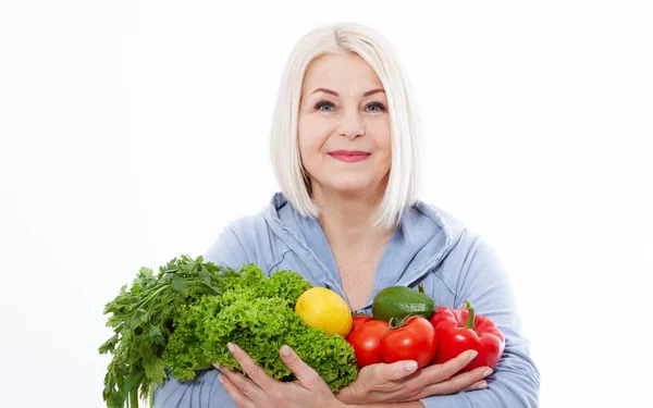 Happy Woman Blond Hair Beautiful Smile Holds Vegetables Herbs Red — Zdjęcie stockowe