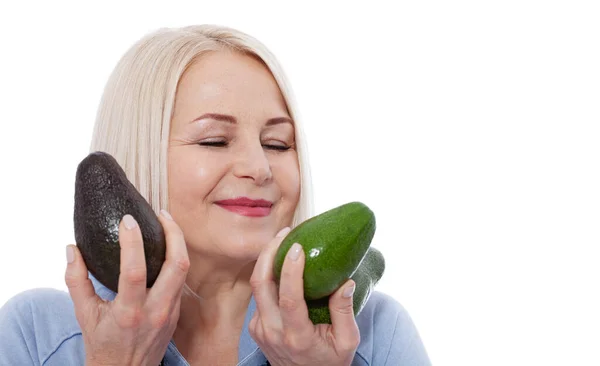 Happy Woman Blond Hair Beautiful Smile Holds Avocado Her Hands Stock Picture