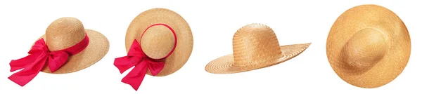 Grazioso Cappello Paglia Con Nastro Fiocco Sfondo Bianco Cappello Spiaggia — Foto Stock