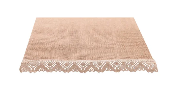 stock image Canvas napkin with lace, natural burlap runner perspective isolated on white background. Can used for display or montage product. Selective fokus