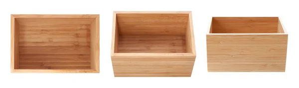 Puste Rustykalne Drewniane Pudełko Izolowane Biało Różne Warianty Zestawu Widok — Zdjęcie stockowe