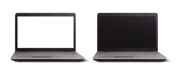 白の背景にノートパソコンの空白の画面 モックアップ テキストのテンプレート 背景とデバイスの画面に含まれるクリッピングパス黒と白 — ストック写真