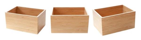 Puste Rustykalne Drewniane Pudełko Izolowane Biało Różne Warianty Zestawu Widok — Zdjęcie stockowe