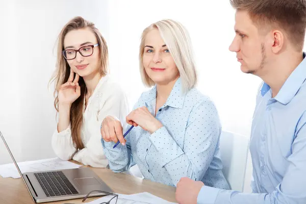 Experienced Business Woman Discusses Companys Development Strategy Young Employees Close Stock Photo