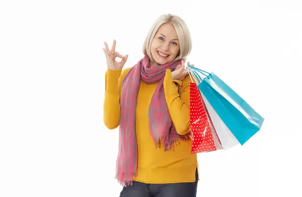 Shopper Shopaholic Shopping Femme Tenant Nombreux Sacs Provisions Excité Isolé Photo De Stock