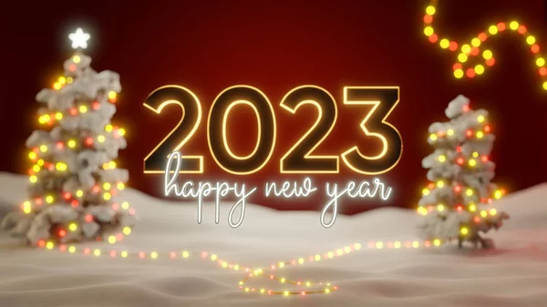 雪地里矗立着两棵有彩灯的圣诞树 中间的题词是 2023年快乐新年 — 图库照片