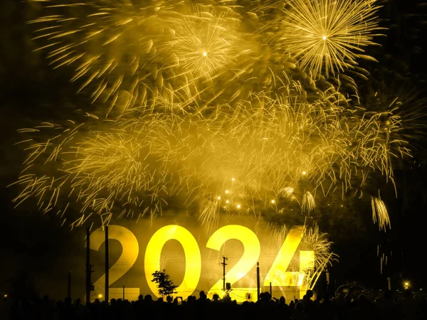 Frohes Neues Jahr 2024 Karte Auf Goldenem Feuerwerkshintergrund — Stockfoto