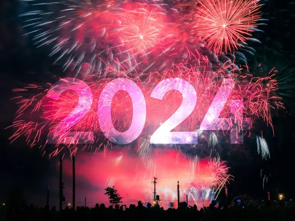 Frohes Neues Jahr 2024 Karte Auf Rotem Feuerwerkshintergrund — Stockfoto