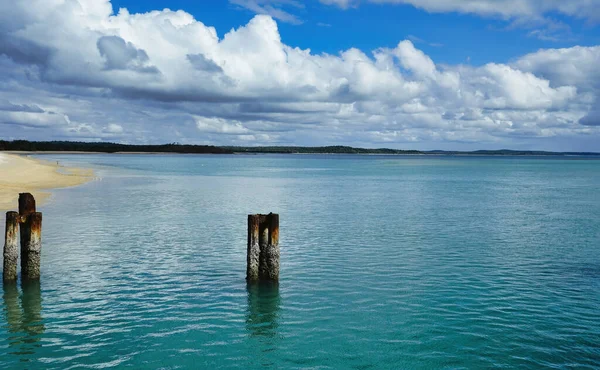 曇りの日 オーストラリアのシーシアの澄んだ水の中の古い桟橋のポストの眺め — ストック写真
