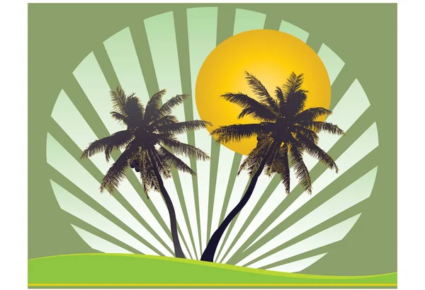 Dwa Brązowe Złote Brzegi Drzew Kokosowych Księżycem Promieniami Tle Zielonym — Wektor stockowy