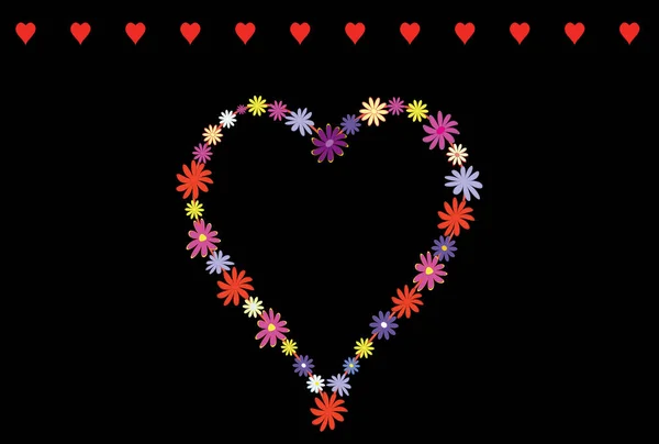 Όμορφα Λουλούδια Σχήμα Καρδιάς Και Κόκκινες Καρδιές Κατά Μήκος Της — Διανυσματικό Αρχείο