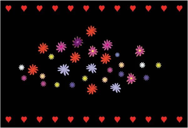 Красивые Цветы Разбросаны Странице Красными Сердцами Вдоль Верхней Нижней Части — стоковый вектор