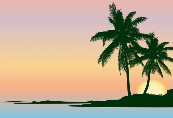 Uitzicht Zonsondergang Boven Tropisch Eiland Met Twee Kokospalmen Silhouet — Stockvector