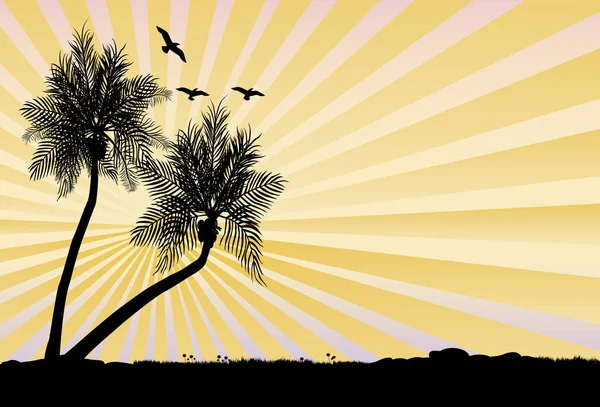 Dwie Sylwetki Drzew Kokosowych Kwiatami Trawą Oraz Kilka Ptaków Latających — Wektor stockowy
