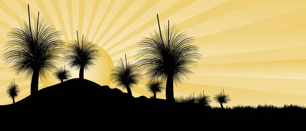 Silhouet Van Grasboom Zwarte Jongensboom Bij Zonsondergang Met Gele Stralen — Stockvector
