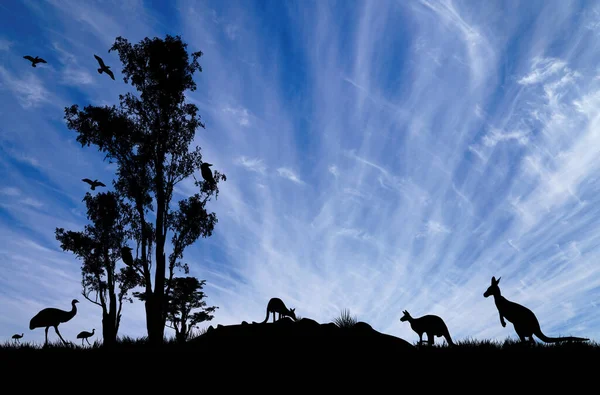 Sylwetka Drzewa Dziąseł Kangurami Emusem Ilustracja Błękitnym Niebem Niesamowitymi Chmurami — Zdjęcie stockowe