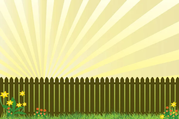 Wooden Fence Grass Flowers Yellow Sun Ray Background — Stock Vector