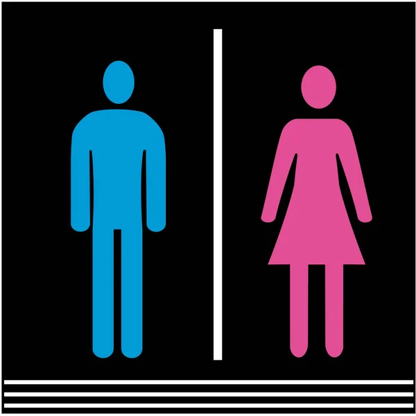 男性と女性のトイレはピンクと青の背景を持つ白いシルエットに署名します ベクトル — ストックベクタ