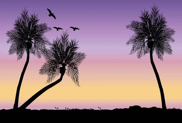 紫色の夕日に3本のヤシの木があり鳥が飛んでいます — ストックベクタ