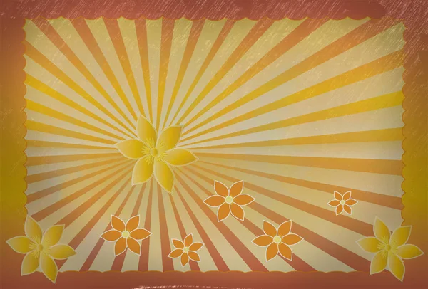 Żółty Promień Słoneczny Pomarańczową Obwódką Żółte Tło Kwiatami Dole Ilustracji — Zdjęcie stockowe
