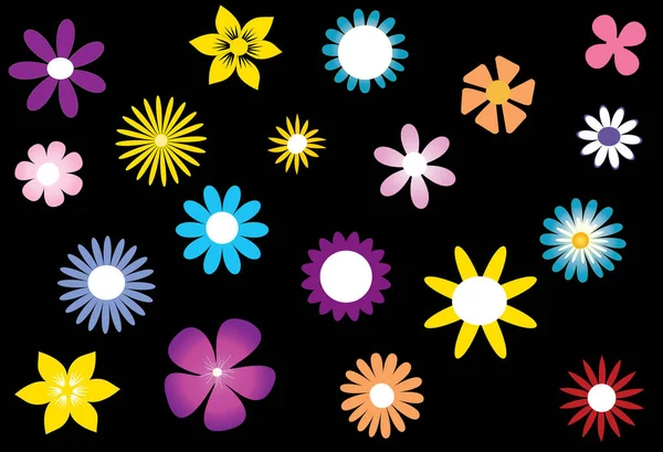 Siyah Arkaplanda Değişik Renkte Boyutlarda Basit Çiçek Deseni Vektör — Stok Vektör
