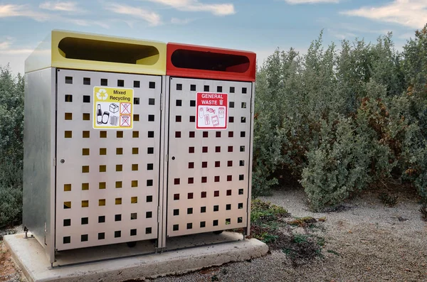 Red General Waste Recycling Bin Yellow Mixed Recycling Bin — Stock Photo, Image
