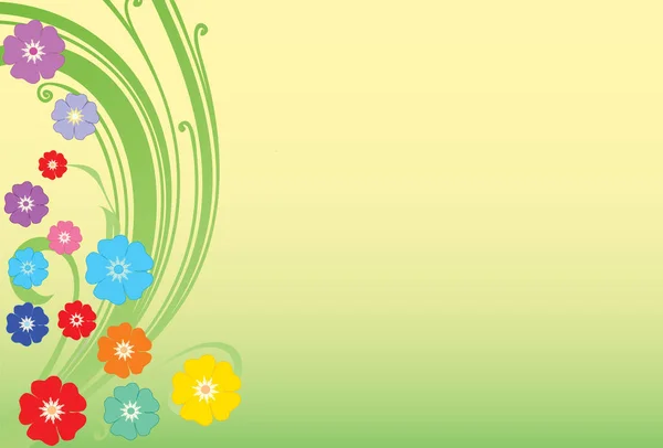 Красиві Кольорові Квіти Одному Кутку Зеленими Гойдалками Зеленому Жовтому Тлі — стоковий вектор