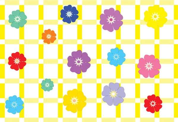 Hübsche Farbige Blüten Auf Gelben Linien Die Quadrate Bilden — Stockvektor