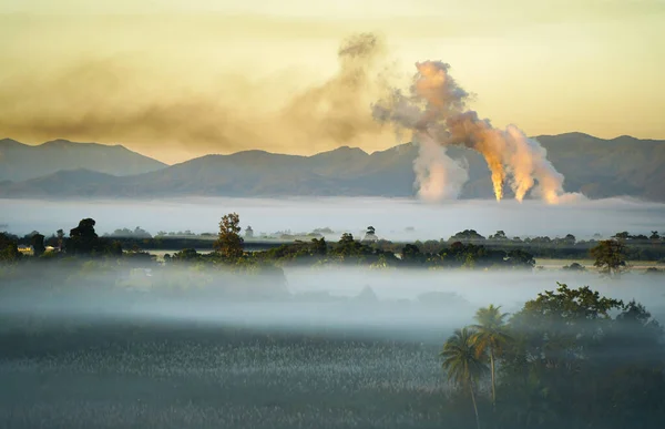Ländliche Umgebung Frühen Morgen Neblig Rauch Und Umweltverschmutzung Durch Zuckerfabrik — Stockfoto