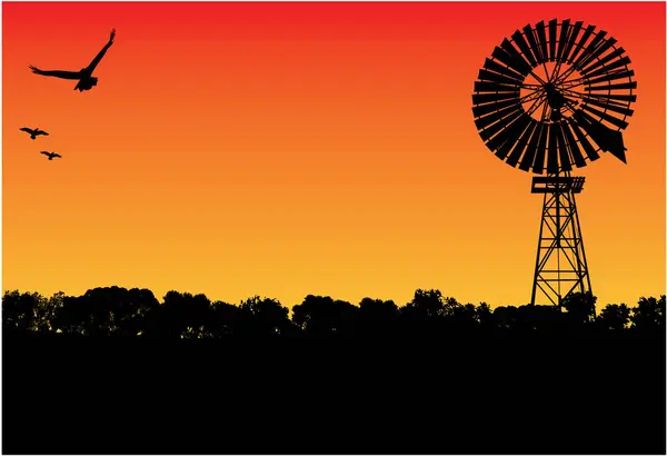 Silhouette Von Windmühle Und Gummibaum Drei Vögel Fliegen Sonnenuntergang — Stockvektor