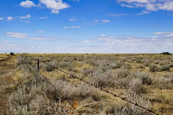 Uçsuz bucaksız, kurak bir manzara, parlak mavi bir gökyüzü altında kabarık bulutlarla kaplı, kuru bir ortamın eşsiz güzelliğini ve doğal elementlerini gözler önüne seriyor..