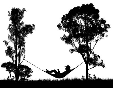 Hamakta boş vakitlerin tadını çıkaran bir adam. Rahatlatıcı bir tatil sahnesi. Avustralya sakız ağaçları arasında hamakta eğlenen bir kişi.