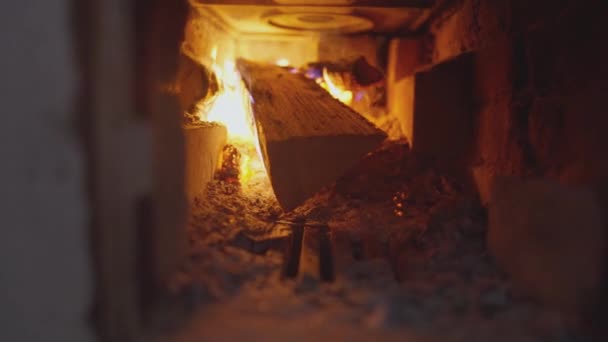 View Old Stove Burning Wood Open Door Throwing Logs — Stockvideo