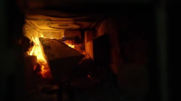 Interior Structure Old Stove Burning Wood Cooking Burners Them Slow — Vídeo de stock