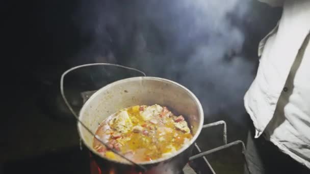 Cauldron Boiling Broth Many Ingredients Cooked Open Fire Barbecue — ストック動画