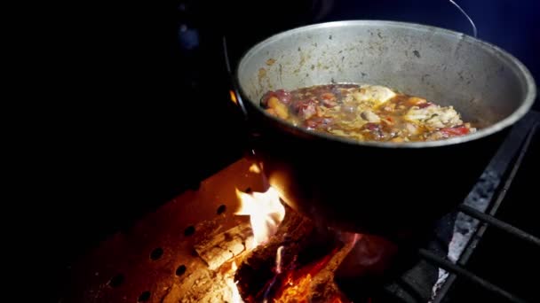 Slow Motion Process Cooking Soup Cauldron Grill — стоковое видео