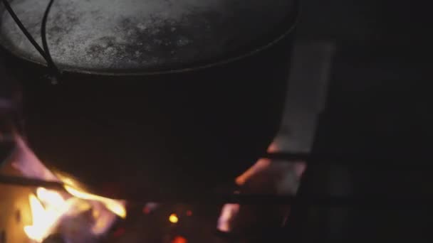 Close Cauldron Covered Lid Standing Open Fire Made Firewood — Stock Video