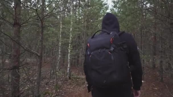 Young Man Hoodie Backpack Walking Forest Stops Look — Video Stock