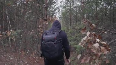 A guy with a backpack makes his way through the thickets of the autumn forest