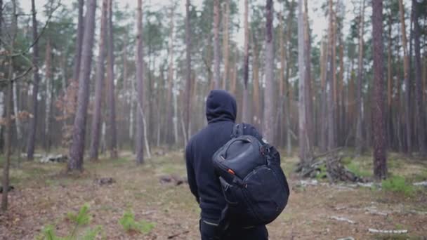 Young Man Reached Clearing Forest Took His Backpack Looked — Stockvideo