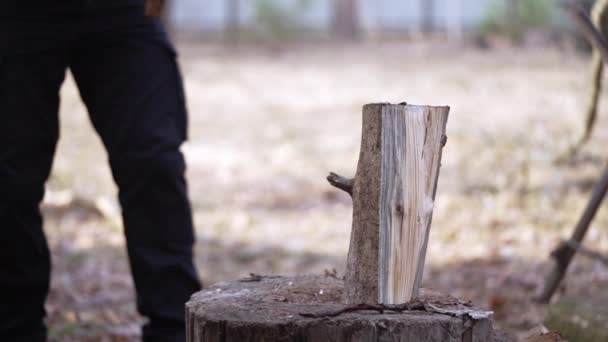 Guy Splits Rest Log Smaller Pieces Slow Motion Video — Stockvideo